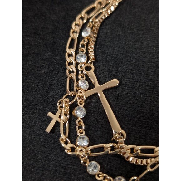 Gold Tone Rhinestone Cross Triple Chain Tennis Bracelet 8-9" - Picture 6 of 6